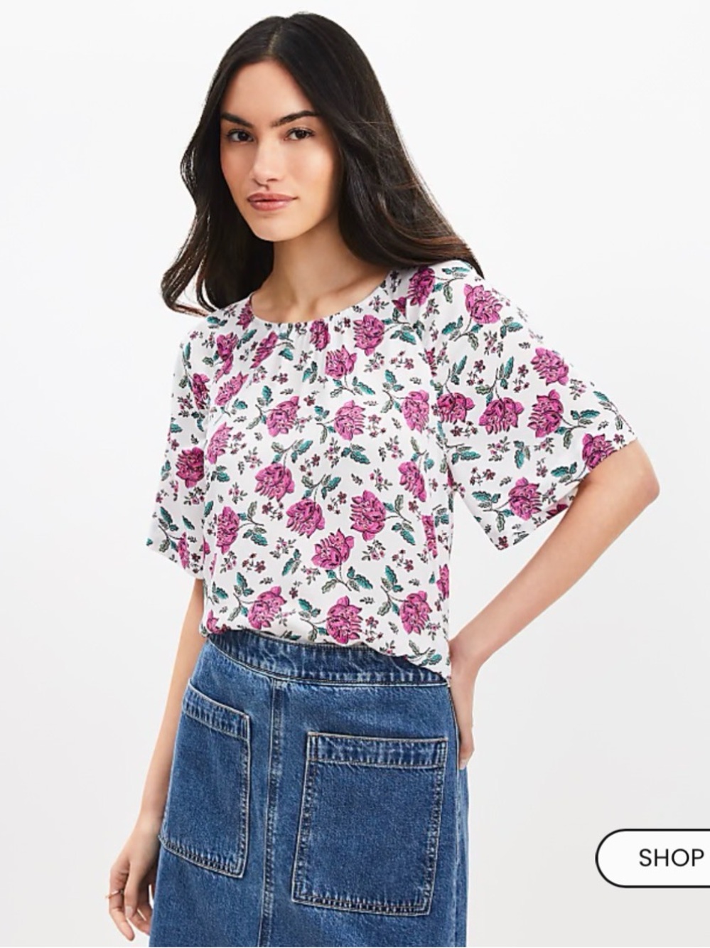 LOFT White Blouse with Pink Floral Print Size Large